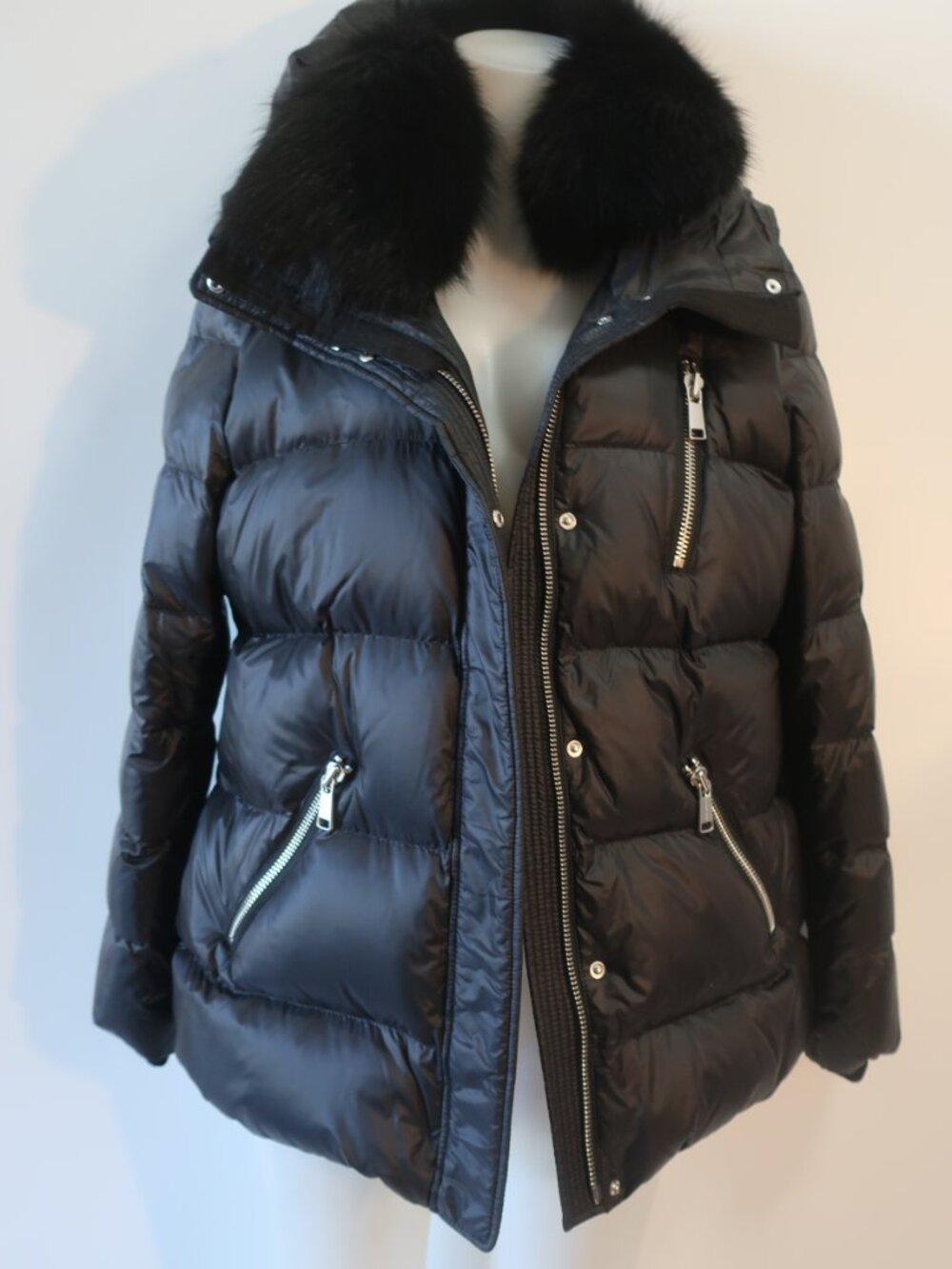 Womens Andrew Marc Black (Item-31) Fox Saga Furs Trim Hood Down Puffer Jacket XL